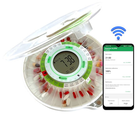 Smart BLUETOOTH Pill Dispenser DOSECONTROL | With AC-Charger | Model 2021 | Transparent Lid | English Dosage Rings | Remote control and monitoring via Android app
