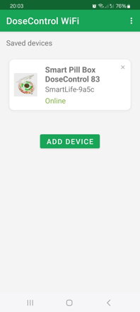 DoseControl app for smart WiFi pill box | Start window for the app - connection status of the dispenser
