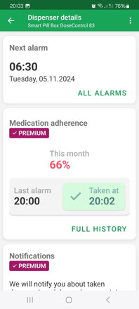 DoseControl app for smart WiFi pill box | Clear main menu with information about the next alarm, percentage match of the withdrawal and status of the notifications