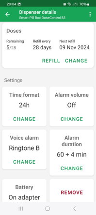 DoseControl app for smart WiFi pill box | Main menu with information about the dosing regime and settings of the dispenser - time format, alarm strength, alarm tone, alarm duration and battery status