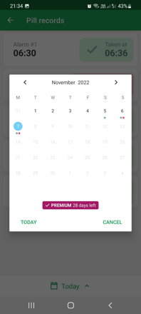 DoseControl app for smart WiFi pill box | Calendar overview of doses taken or missed