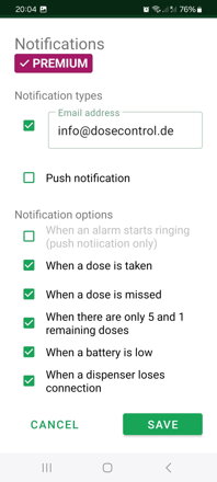 DoseControl app for smart WiFi pill box | Setting of email / push notifications