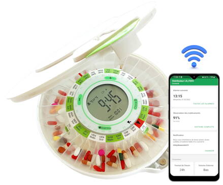 Smart BLUETOOTH Pill Dispenser DOSECONTROL | With AC-Charger | Model 2021 | Solid White Lid | English Dosage Rings | Remote control and monitoring via Android app